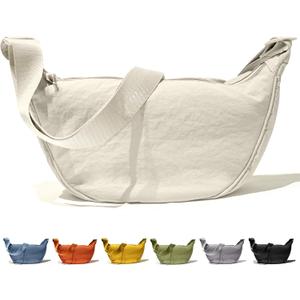 Spacious Crescent Sling Bag for Women & Men, Lightweight Taslon Crossbody Shoulder Chest Bag with Adjustable Strap, Water-Resistant Casual Everyday Purse for Travel Work Shopping, Beige, 13.4 x 3 x 6 inches
