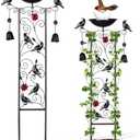 Qmetalart Black Bird Garden Trellis, Metal Birds Bath with Trellis for Outdoor, Halloween Plant Trellis with Wind Chime, Antique BirdBath for Climbing Plants with Detachable Iron-Bowl for Witchy Decor