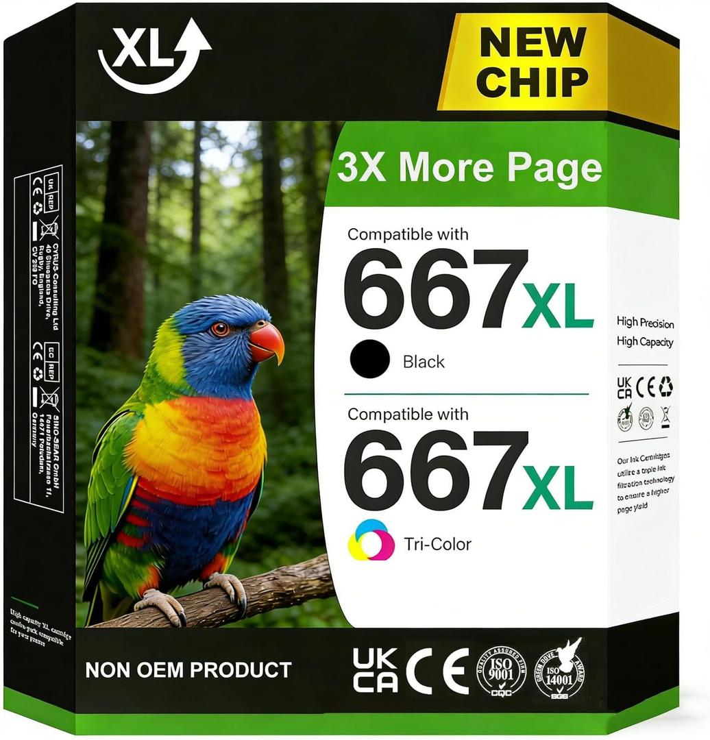 Printer Ink 667 for HP 667 XL Ink Cartridges Black and Color Compatible for HP Ink 667XL 667 Ink Cartridges Works HP667 HP667XL with DeskJet 1275 2374 2375 2376 2775 2776 6075 6475 6476 Printer