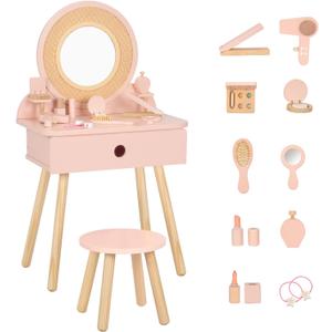 OOOK Kids Vanity Table and Chair Set, Pink Girls Vanity with 11 Pcs Accessories, Enough for Real and Pretend Makeup, Toddler Vanity for 3 Year Old and Up as Ideal Gift