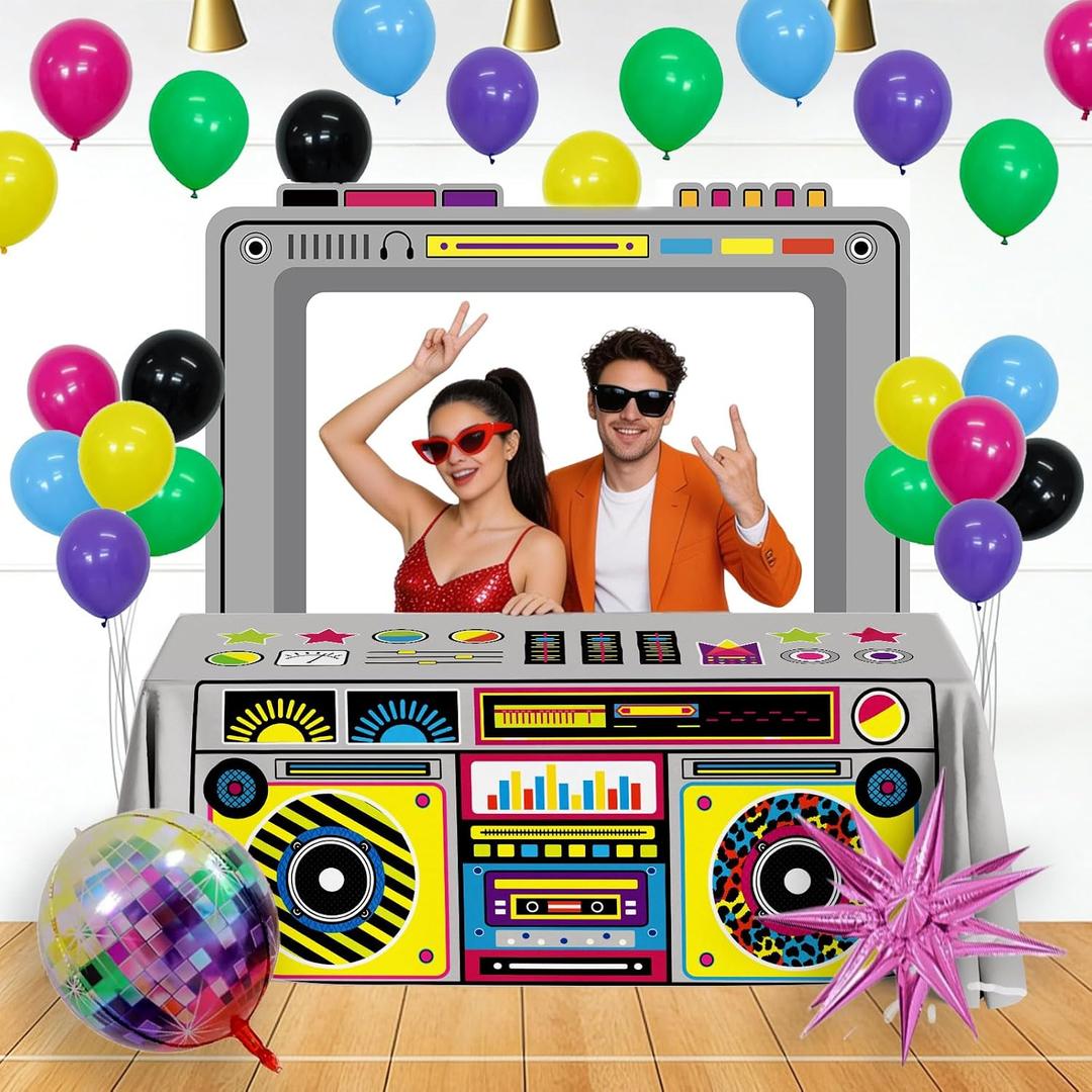 38 PCS 80s 90s Theme Party Decorations, Classic Radio Boombox Banner, Tablecloths and Disco Foil Balloons for Back to 80s 90s Hip Hop Birthday Party Decorations (108 x 54 Inches)