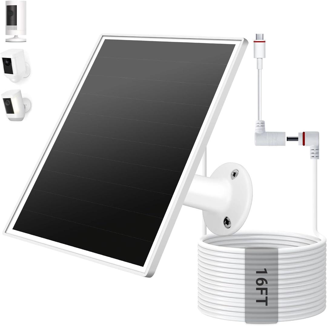Solar Panel for Ring Camera Outdoor Wireless, Fast Charging 6W Solar Charger with USB-C & Barrel Plug for Ring Stick Up Cam & Spotlight Cam Series, Waterproof, 16ft Cable, White