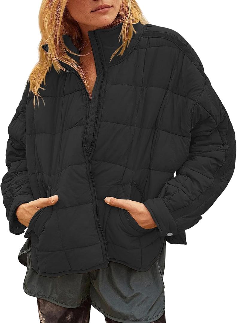 Muchpow Women's Lightweight Down Coat Long Sleeve Full Zipper Oversized Packable Short Puffer Jackets (Medium, Black)