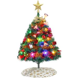 Mini Christmas Tree, 24"/60cm Tabletop Artificial Christmas Tree with Ornaments & LED String Lights, Small Desktop Xmas Tree with Tree Skirt for Room and Office (1ft 11in, Green)