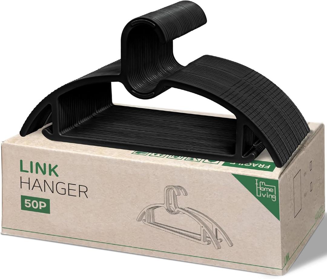 Compact Interlocking Hangers  15in (38cm) Slimline Space-Saving Hangers  Perfect for Light Clothing, Small Sizes, Dorms, Apartments & Travel (Black, 50)