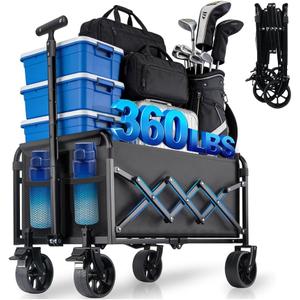 Collapsible Wagon Cart Foldable with Wheels - Heavy Duty 360LBS Portable Folding Utility Shopping Cart with 360° Swivel Brakes Wheels & Cup Holders for Outdoor Camping Beach Grocery Garden