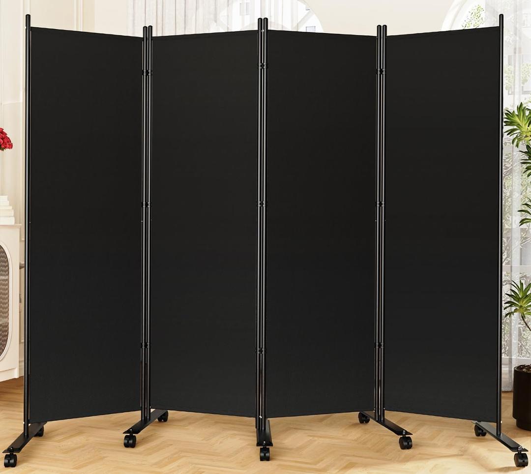 Room Divider 6FT Folding Privacy Screens with Lockable Wheels, 4 Panel Room Partition for Room Separator, 88" W Freestanding Portable Fabric Wall Dividers for Home Dorm Studio Office, Black