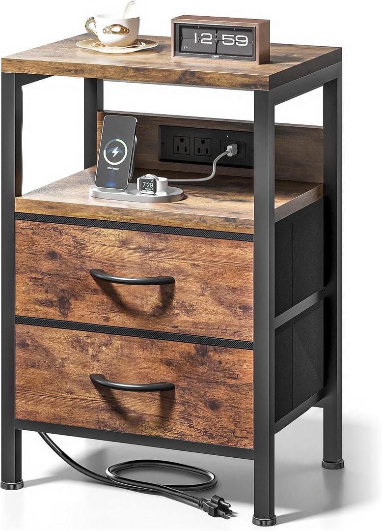 Lazzanto NightStand Bedside Charging Table Bedroom - Brown Night Stand with Charger Station, Modern Bed Side End Table with Open Shelf & 2 Fabric Drawers, USB-C Port for Dorm, Living Room