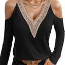 Womens Cold Shoulder Tunic Tops, Lace Trim V Neck Blouse Sexy Hollow Long Sleeve Shirts Trendy Dressy Casual (Black)