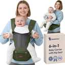 BabbleRoo 6-in-1 Baby Carrier with Hip Seat, Ergonomic Newborn to Toddler Carrier 7–50 lbs, Front Back Hip Carry, Lumbar Support, Sun Hood, Safety-Certified, Seaweed Green