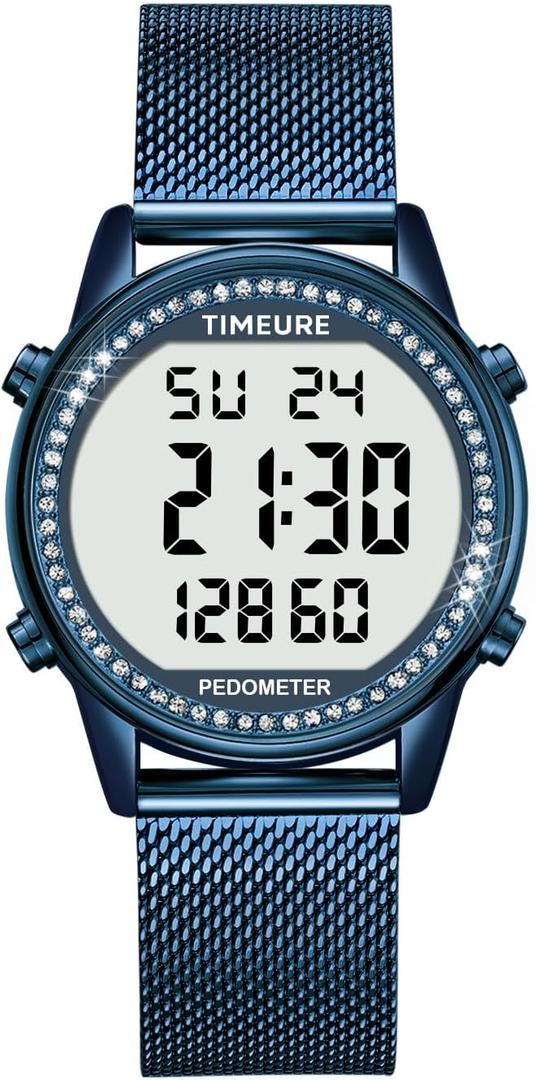 Women's Step Counter Pedometer Watch with Stainless Steel Bracelet, Stylish Design, No App, No Charging Needed for Step, Calorie, Distance, Alarm, Countdown TimerTU-2401 (Blue)