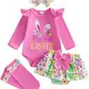 Newborn Baby Girl My 1st Easter Outfit Bunny Romper Bloomers Tutu Skirt Socks Headband Set First Easter Outfit (Pink, 6-9M)