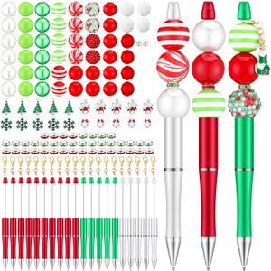 Gueevin 150 Pcs Christmas Beadable Pen 20 Sets DIY Christmas Pens Bulk with Focal Silicone Beads Making Kit Gift Acrylic Beaded Ballpoint Diamond Spacer Charms for School Kids Office Classroom Supply