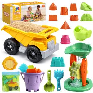 TOY Life 23 Pcs Beach Toys for Kids Sand Toys with Construction Cars Castle Bucket Shovels & Sand Castle Building Kit Molds, Sandbox Toy for Summer Water Play, Travel, Fishing