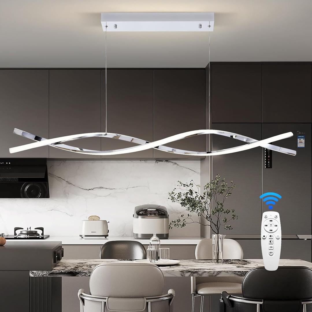 LED Pendant Lights, 3300k-6500K Adjustable Color Temperature Hanging Pendant Lighting, 56.29" Chandelier Dimmable with Remote Control, Aluminum Island Lighting Lamp Fixture for Kitchen Chrome Sliver
