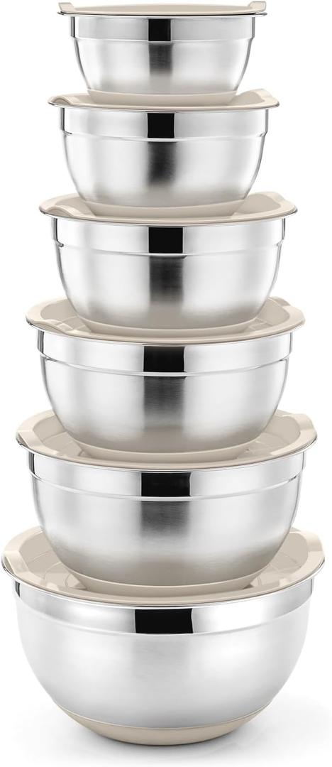 P&P CHEF Mixing Bowls With Lids, Set of 6, Stainless Steel Nesting Mixing Bowls & Fitting Lids & Non-Slip Silicone Bottom, Ideal for Mixing, Storing, Size 0.7/1/1.5/2.5/3/4.6 Qt, Khaki