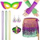 8Pcs Mardi Gras Outfit Accessories Set for Women Mardi Gras Costumes Tassel Sequins Fringe Skirt Beads Necklace Earrings Mask Fishnet Gloves Bracelet Purple