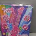 Kids Guitar and Microphone Set, Microphone with Stand and Color Light, Toy Guitar with Strap and Adjustable Volume, Toddler Musical Instrument for 5-9, Kids Karaoke Machine for Boy Girls (Pink)