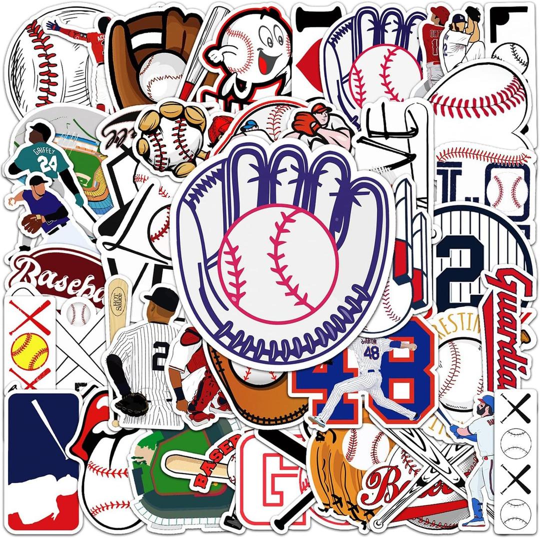 JOICEE 50pcs Baseball StickersWaterproof Vinyl Baseball Tattoos for Kids Teens Boys Adults, Sports Decals for Snowboard Laptop Water Bottles Hydro Flasks Phone Guitar Skateboard Computer