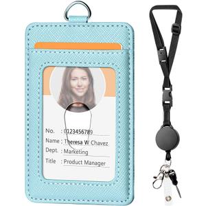 5 x Leather Badge Holder and Adjustable Retractable Lanyards, Quick Release Buckle and Safety Breakaway Lanyards with Swivel Metal Clasp for Offices, Staff, Students, Employees (1 Pack, Sa-light Blue)