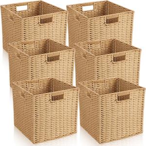 Newtay 6 Pcs Wicker Storage Baskets 11.8 x 11.8 in Cube Storage Bin Organizer Camel Square Foldable Wicker Baskets for Shelves Organizing Decor Laundry Pantry Toys