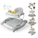 5 in 1 Baby Walker, Music and Lights Walker for Baby Boy Girls 6-12 Months, Foldable Baby Walkers with Wheels and Bouncer Combo Portable, Toddler Infant Walker with Adjustable Height (Grey)