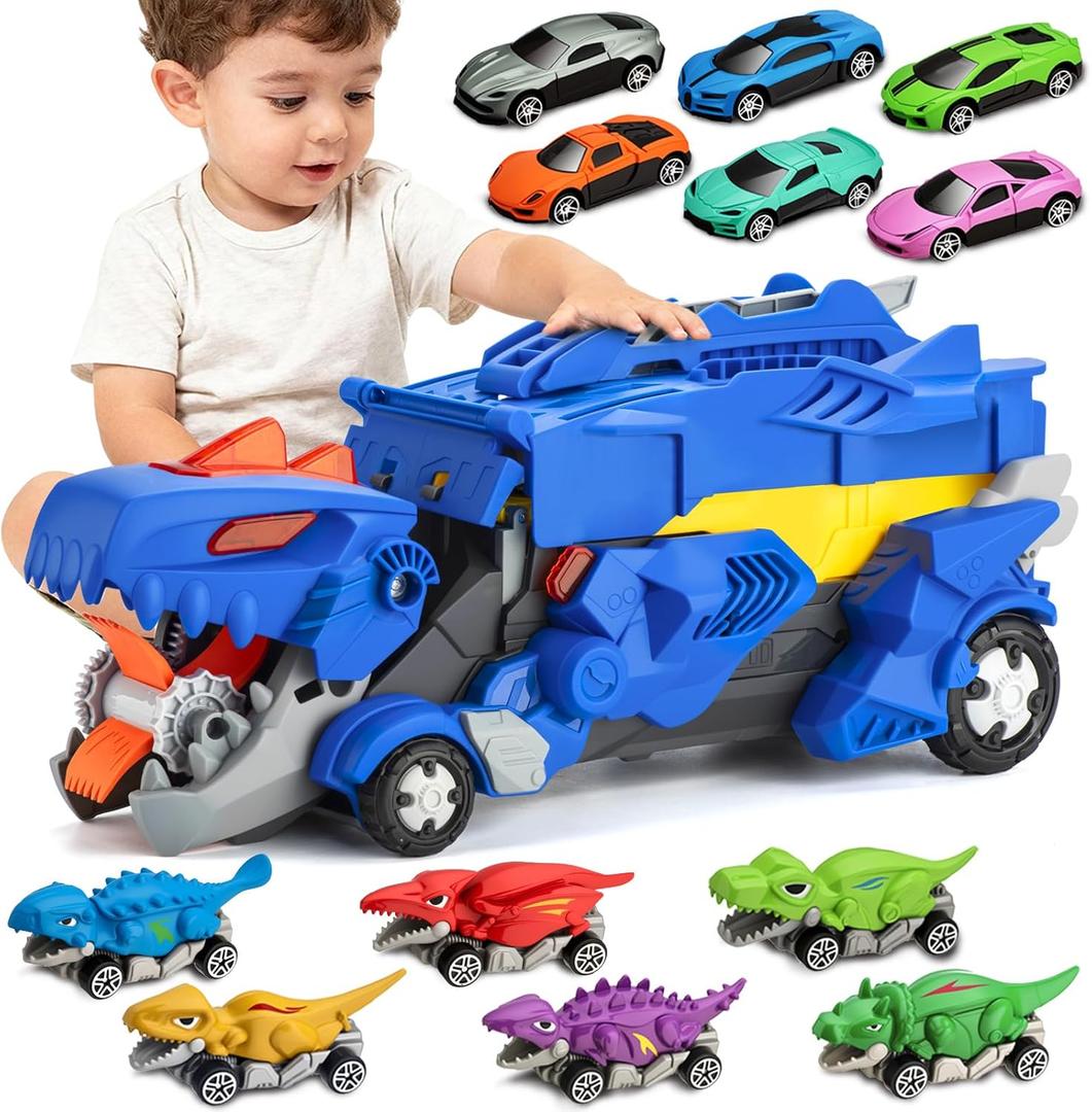Dinosaur Toys Car for Kids 3-8 Year Old Boy Gift, Toddler Toys for 3 4 5 6 Years Old Boys & Girls Transport Dino Truck with 12 mini Cars & City Map Birthday for Kids (Blue)