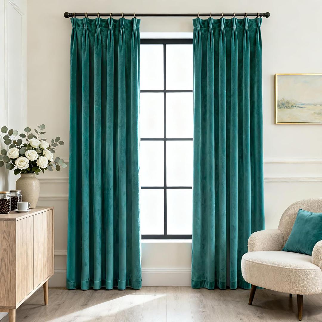 Pinch Pleated Teal Velvet Curtains 84 inch Length 2 Panel Set for Living Room Soft Modern Elegant Plush Velvet Luxury Fabric Room Darkening Window Drapes Thermal Insulated Bedroom Curtain Peacock Blue