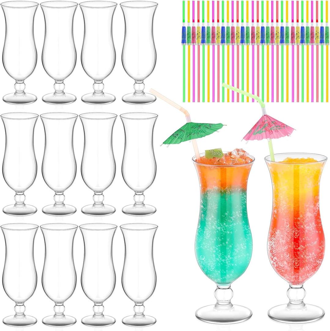 Baderke 12 Pcs Plastic Hurricane Glasses 13.5oz Break Resistant Reusable Plastic Pina Colada Cocktail Glasses Wine Margarita Tropical Beer Juice Beach Party with 30 Pcs Cocktail Straws