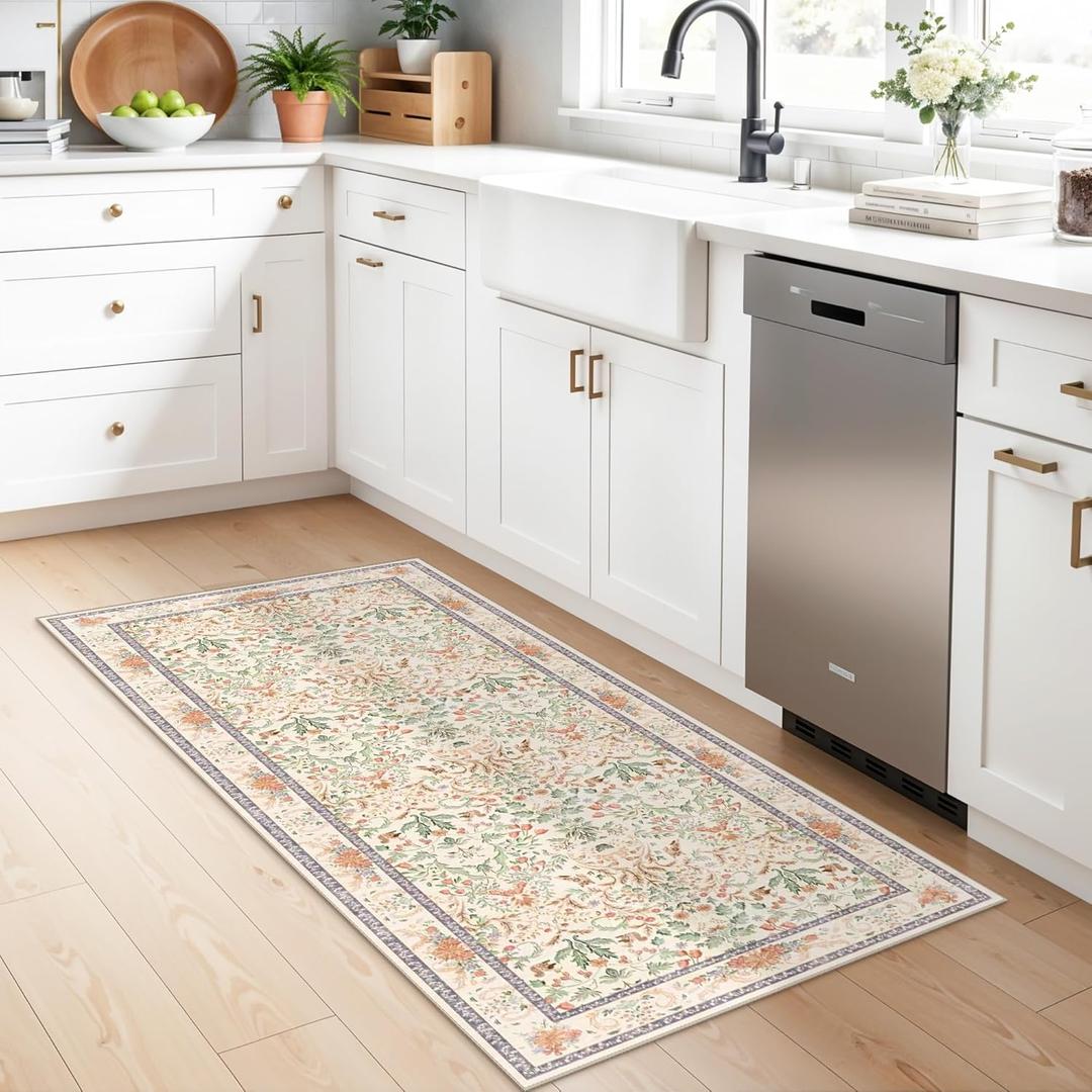 2x3 Entryway Rug Washable Non-Slip - Soft Low Pile Botanical Small Area Rug for Kitchen Bedroom - Boho Floral Indoor Door Mat with Rubber Backing (Cream, 2x3)