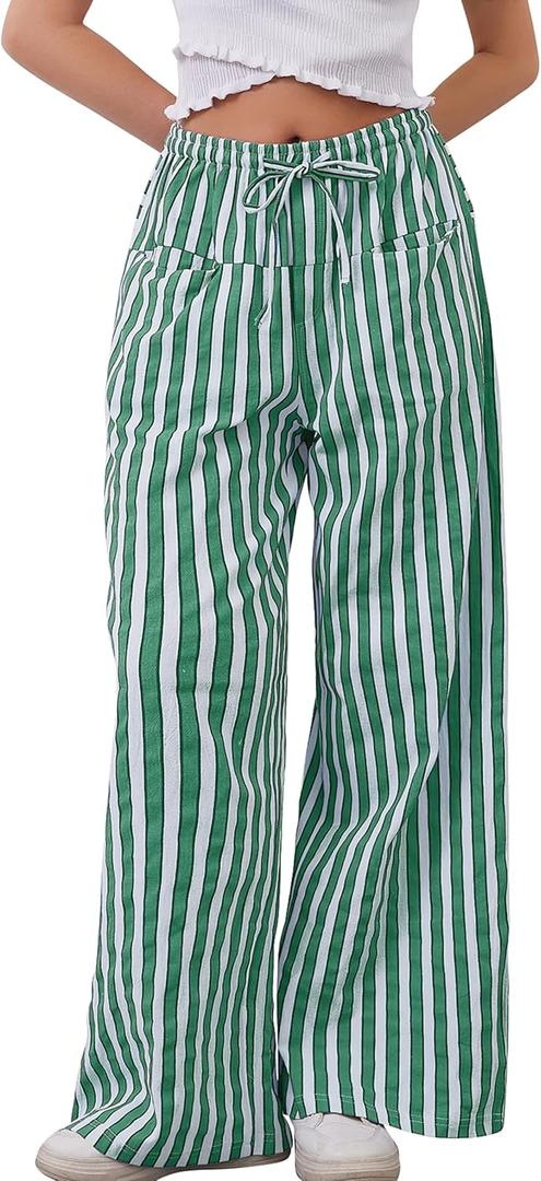 MISSACTIVER Women Drawstring Striped Pants Loose Wide Leg Trousers Casual Low Waist Pants Comfy Lounge Pants with Pockets (Medium, Green)