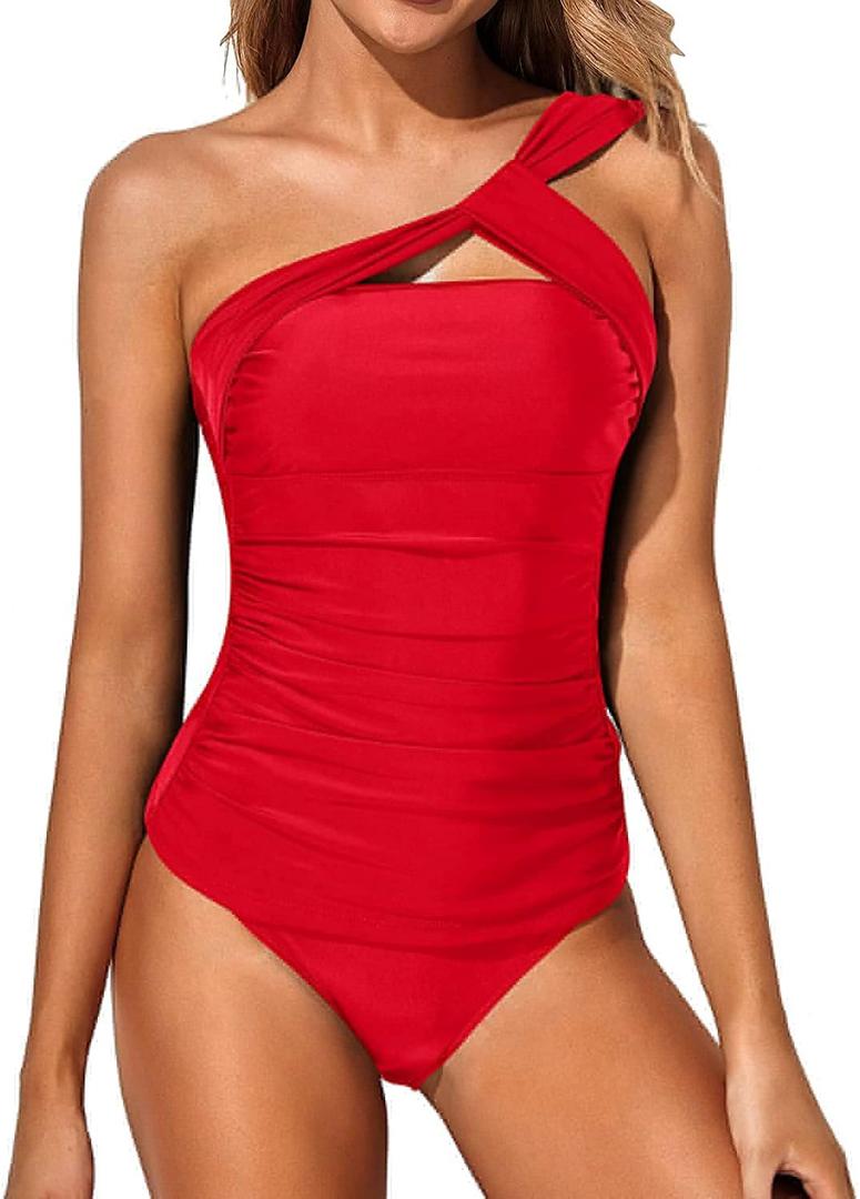 Tempt Me Two Piece Tankini Bathing Suits for Women One Shoulder Swim Top with Bottom Swimsuits (Large, Red)