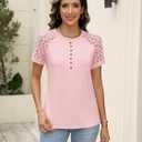 Minetom Women's Lace Short Sleeve Tops Henley Shirts Business Casual Blouses Summer Tops (Pink, L)