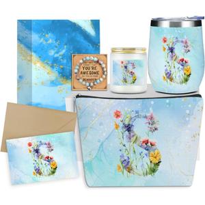 Personalized Gifts Monogrammed Birthday Gifts for Women, New Mom, Grandma Valentine's Day Thank You Christmas, Initial Wine Tumbler Makeup Bag Scented Candle Bracelet Set, (Aesthetic Blue Flower S)