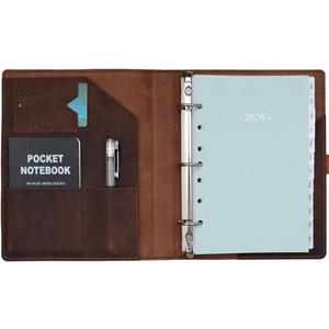 Fan&Ran 2026 Leather Planner 5.5"x8.5" with 3-Ring Leather Binder, 2026 Full Year Weekly & Monthly Pages, Interior Pockets, Refillable