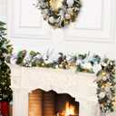 6 Ft Prelit Christmas Garland, Artificial Rattan Flower Snowflake Xmas Garland, Battery Operated Indoor Outdoor Lighted Christmas Garland Decorations for Holiday Garden Gate Stairs (White - Ribbon Bow)