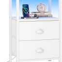 Furologee Nightstand with Charging Station, End Table with LED Lights, Bedside Table with Fabric Drawers and Storage Shelf, White Night Stands for Living Room/Bedroom (1 PC)