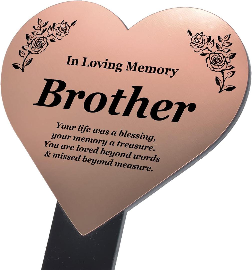 OriginDesigned Brother Heart Shaped Engraved Memorial Plaque Stake - Copper Acrylic Remembrance Plaque Stake - Outdoor, Grave Marker, Tribute, Plant Marker