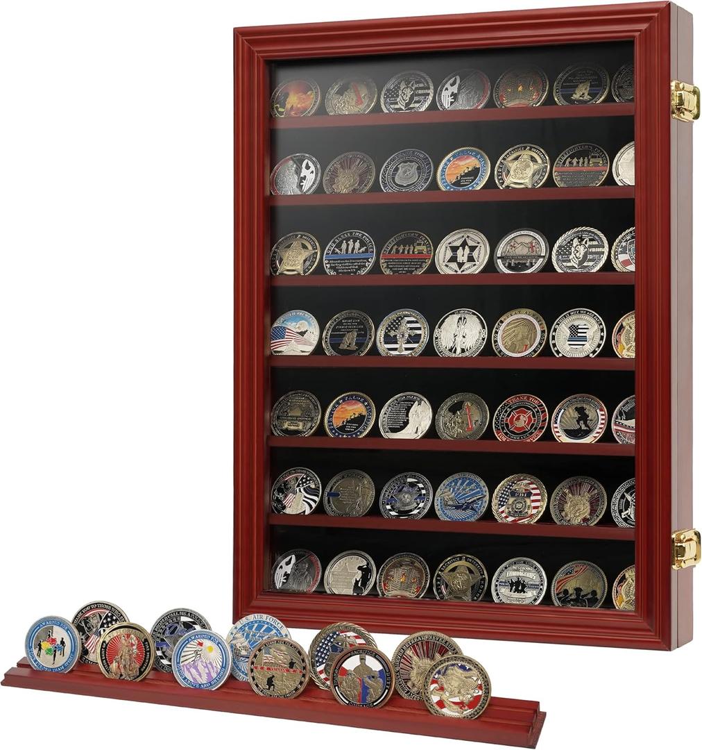 7 Rows Challenge Coin Holder Display Case with HD Tempered Glass Holds 100 coins, Wall-Mountable Military Shadow Box Cabinet with Removable 2-Groove Shelves for Medals and Casino Poker Chips, Mahogany