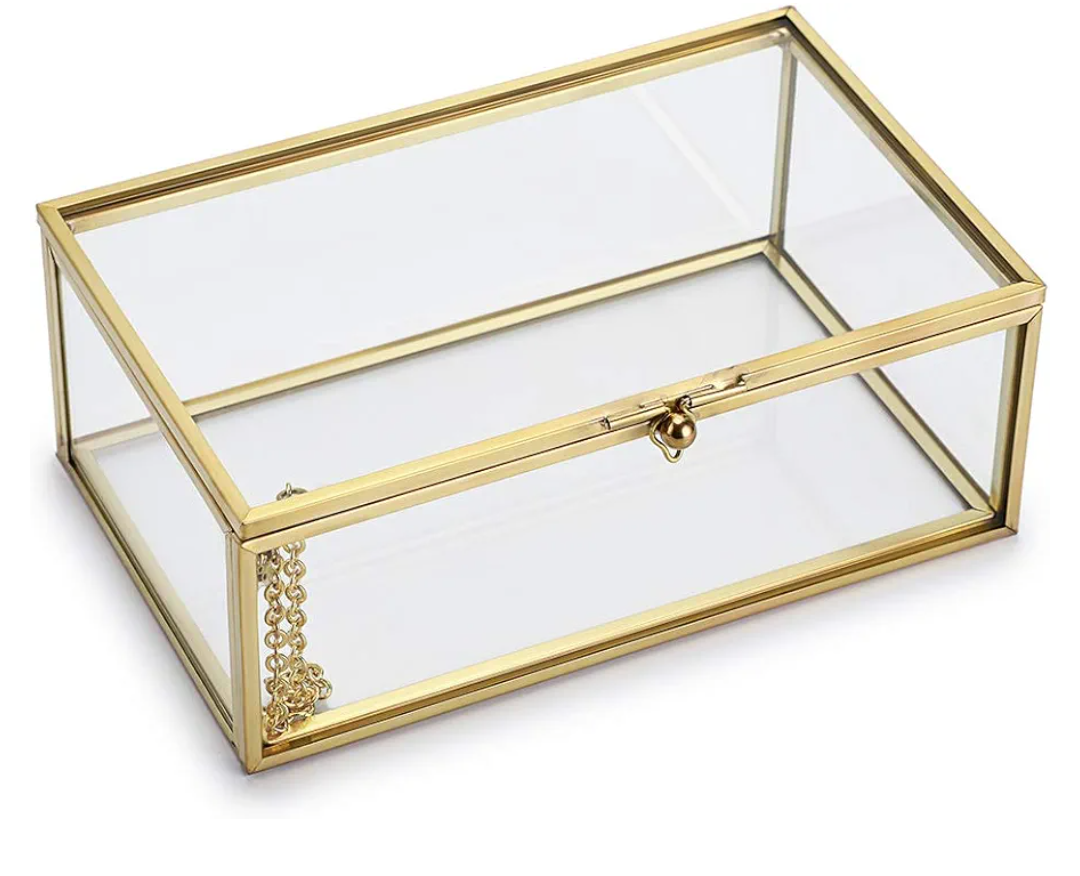 Hipiwe Vintage Glass Keepsake Box, Rectangle Jewelry Display Organize Vanity Lidded Box Home Decor Accent Decorative Box for Storage Trinket Rings Bracelet