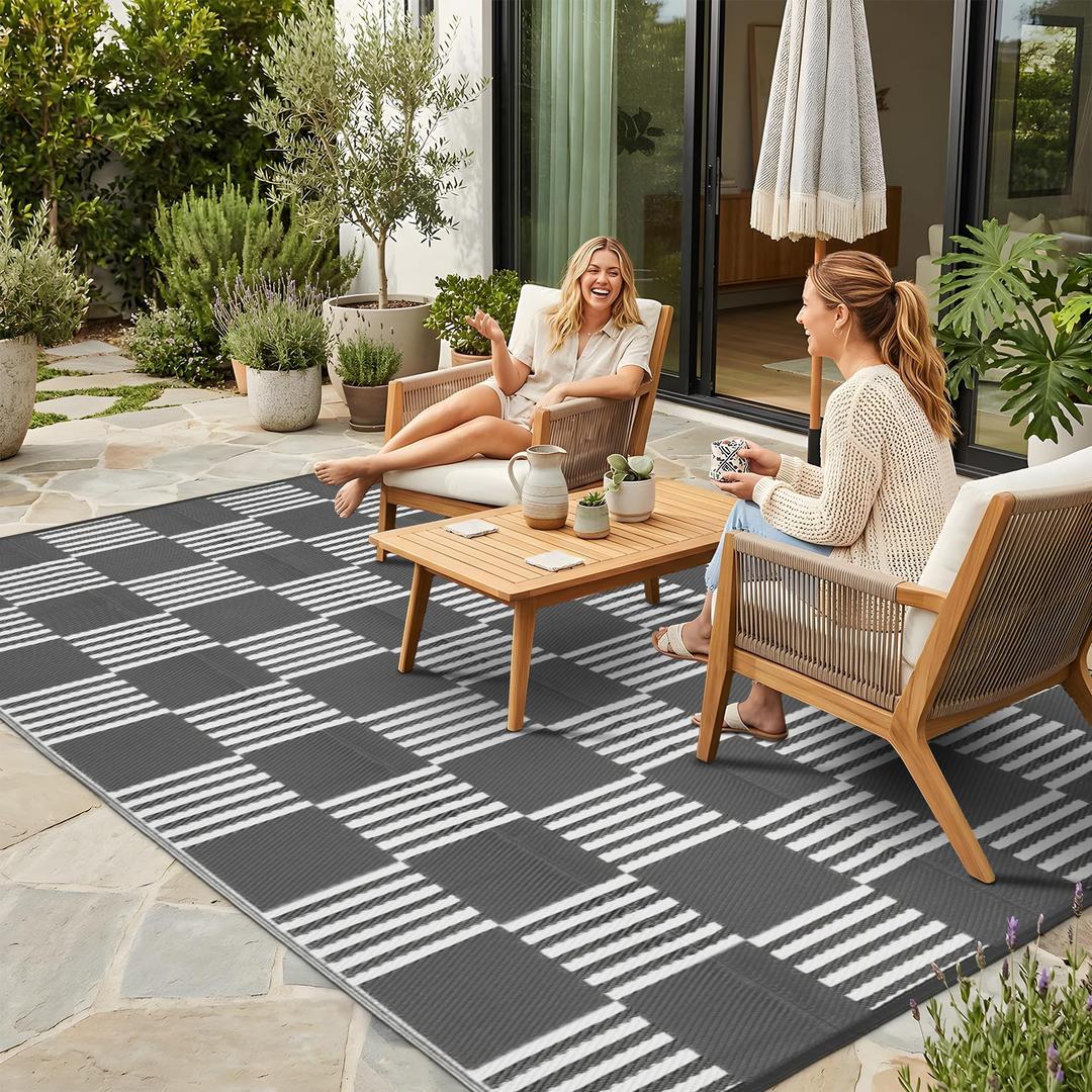Garvee Waterproof Outdoor Rug 9x18, Checkered Foldable Plastic Straw Patio Camping Rug, Outdoor RV Carpet for Deck Camper Porch Balcony Backyard Picnic Beach Gray and White