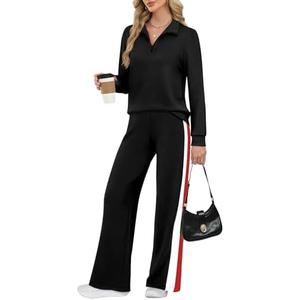 WIHOLL Women 2 Piece Outfits Airport Travel Vacation Sweatsuits Wide Leg Pants Lounge Set 2025 Fashion Clothes, Size XL