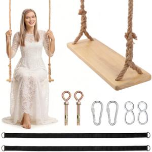 Solid Wood Tree Swing - 500 lbs Capacity Heavy Duty Adult-Sized Swing Seat with 118" Adjustable Hemp Rope & Complete Hanging Kit for Porch, Garden, Backyard & Studio