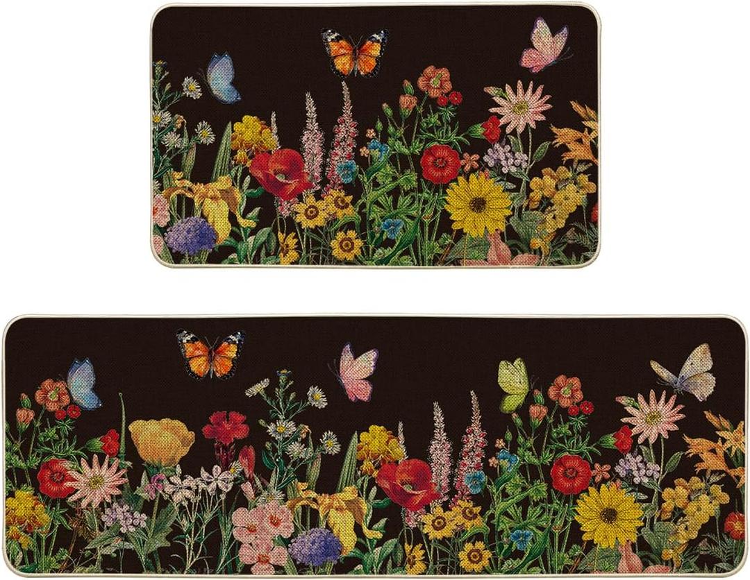 Artoid Mode Black Flowers Butterfly Spring Kitchen Mats Set of 2, Seasonal Home Decor Leaves Low-Profile Kitchen Rugs for Floor - 17x29 and 17x47 Inch
