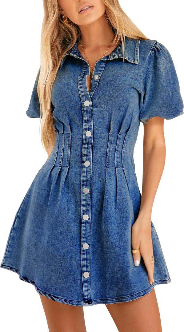 Denim Dress for Women Puff Sleeve Mini Jean Dresses for Women 2025 Summer Casual Denim Dress (Large, Medium Blue)