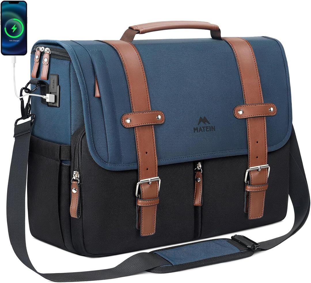 MATEIN Messenger Bag for School with USB Charging Port, Large Crossbody Satchel 15.6 inch Student College Laptop Bags with Shoulder Strap, Water Resistant Work Computer Briefcase for Office Commuting (Black-blue)