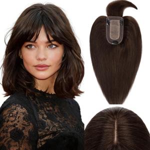 Rich Choices 100% Real Human Hair Topper with Bangs - Real Remy Hair Topper for Women Thinning on Top, 5.1x2.7 Inch Breathable Invisible Clip In Silk Base Hair Piece 10 Inch #2 Dark Brown
