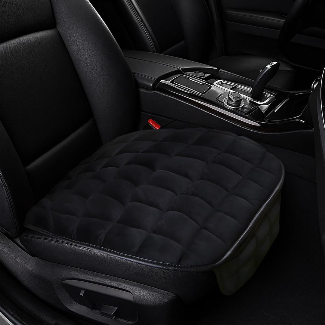 Car Seat Cushion, Universal Soft Plush Auto Seats Cover with Storage Pocket, Warm Seat Protector Pad with Non-Slip Bottom, Car Interior Essentials for Most Cars, Office, Home, Chair (Black)