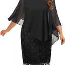 Plus Size Dresses Wedding Guest - Mother Bride Semi Formal Lace Cape with Chiffon Overlay Dresses (Black)