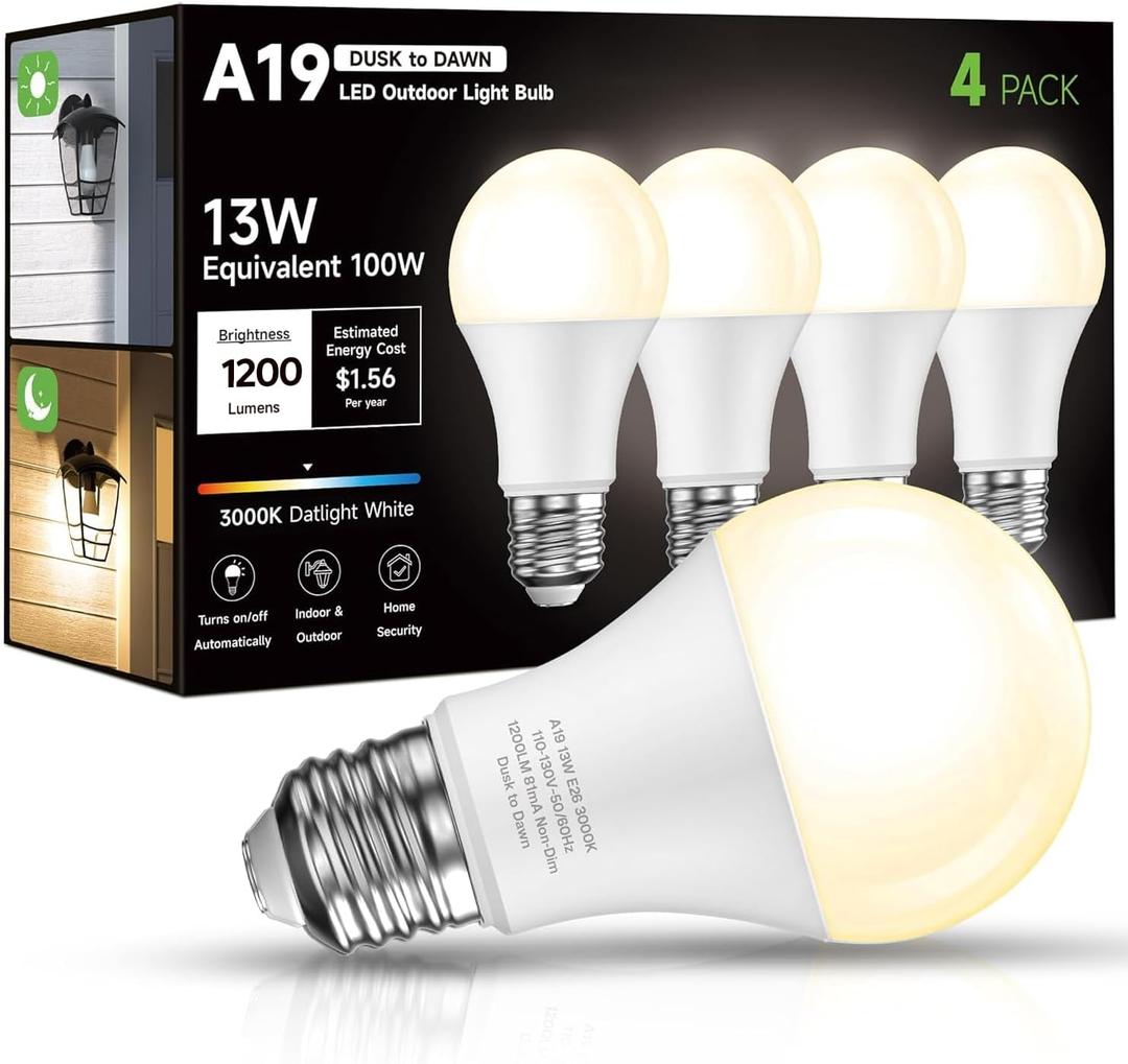 Dusk to Dawn Sensor LED Outdoor Light Bulb, Warm White 3000K, A19 13W(100 Watt Equivalent) Bright Porch Lighting, 1200LM, Auto-On/Off Photocell Sensor for Garage Yard Patio Garden-4 Pack